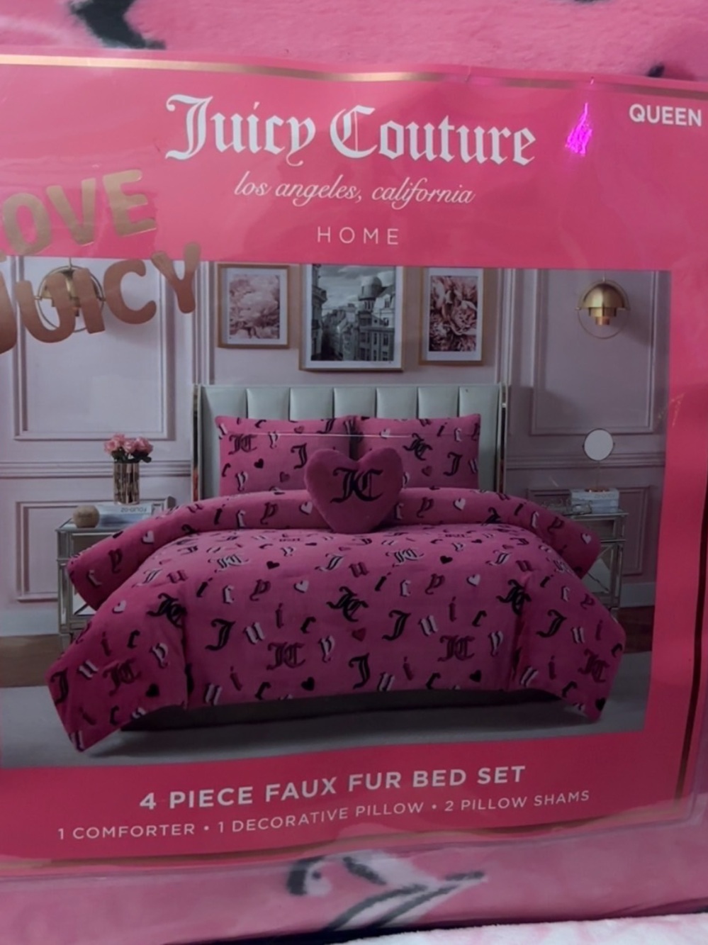 Juicy Couture Pink Faux Fur Bed Set with Black Accent Print